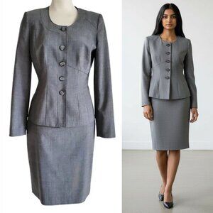 Anne Klein Round Neckline 5 Button Gray Lightweight Wool Blend Skirt Suit Size 2